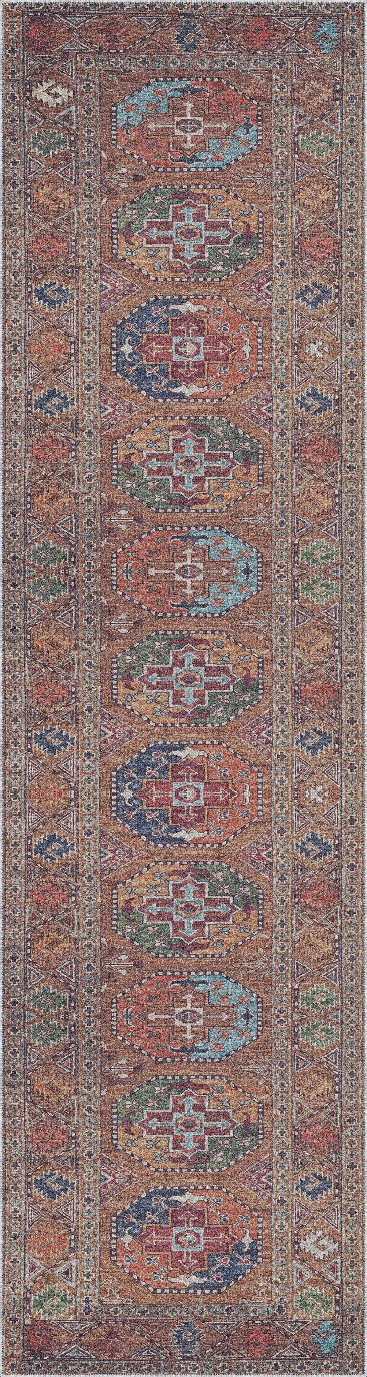 Falla Klasik Göbekli Etnik Kahverengi Polyester ve Pamuklu Kaydırmaz Tabanlı Yıkanabilir Dijital Baskı Halısı - Görsel 4