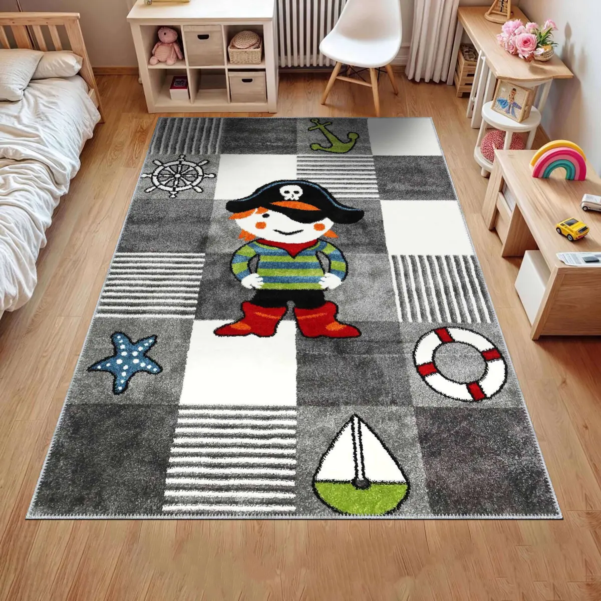 Soloy Geometrik Gri Polyester ve Pamuklu Kaydırmaz Tabanlı Yıkanabilir Dijital Baskı Çocuk Odası Halısı - Görsel 2