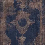 Borger Klasik Göbekli Lacivert Polyester ve Pamuklu Kaydırmaz Tabanlı Yıkanabilir Dijital Baskı Halısı