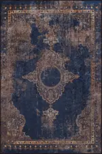 Borger Klasik Göbekli Lacivert Polyester ve Pamuklu Kaydırmaz Tabanlı Yıkanabilir Dijital Baskı Halısı