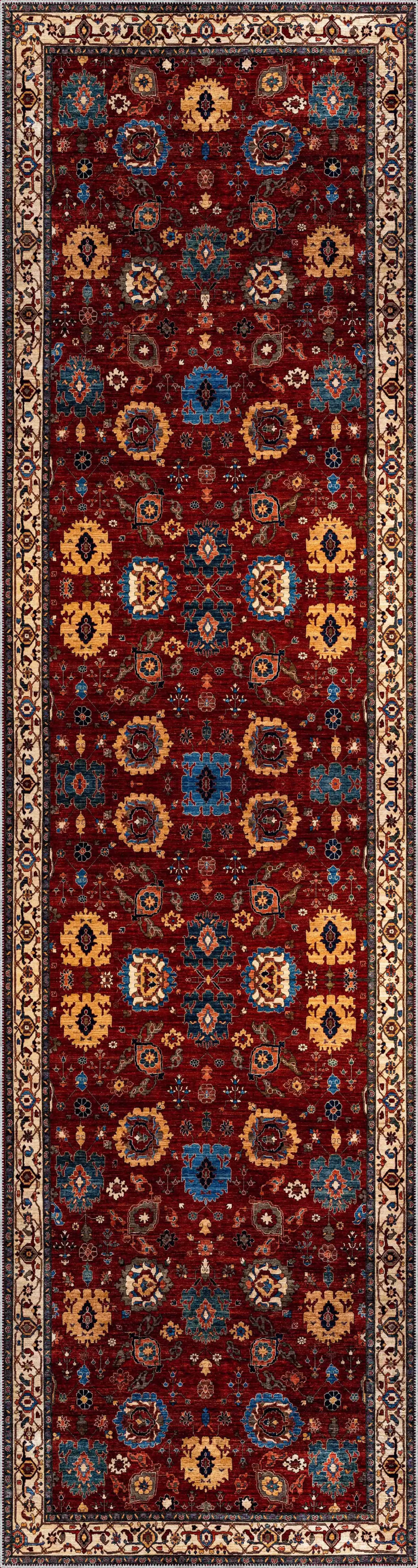 Adachi Çerçeveli Kırmızı Polyester ve Pamuklu Kaydırmaz Tabanlı Yıkanabilir Dijital Baskı Halısı - Görsel 4