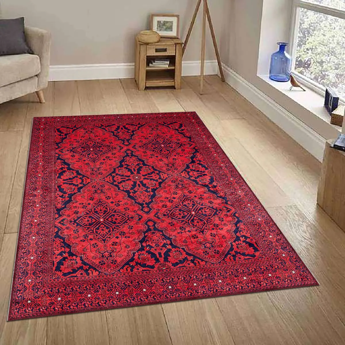 Harlov Klasik Göbekli Kırmızı Polyester ve Pamuklu Kaydırmaz Taban Yıkanabilir Dijital Baskı Halısı - Görsel 2