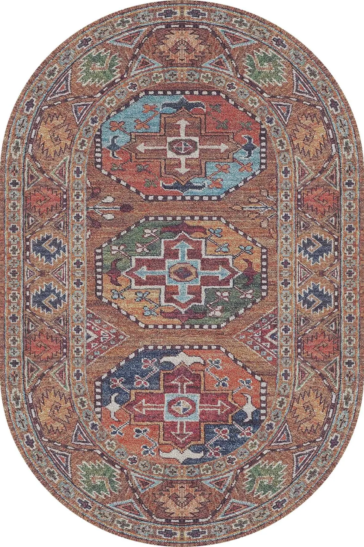 Falla Klasik Göbekli Etnik Kahverengi Polyester ve Pamuklu Kaydırmaz Tabanlı Yıkanabilir Dijital Baskı Halısı - Görsel 6