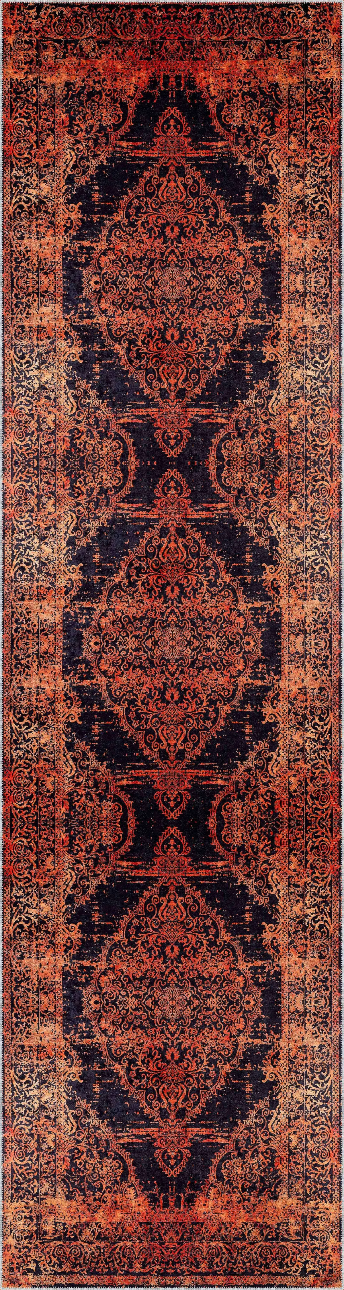 Horda Klasik Göbekli Turuncu Siyah  Polyester ve Pamuklu Kaydırmaz Tabanlı Yıkanabilir Dijital Baskı Halısı - Görsel 4