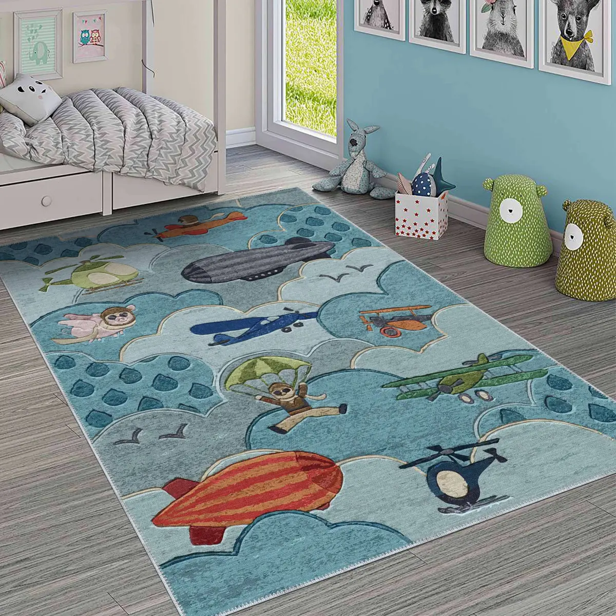 Nicoya Bulut Desenli Mavi Polyester ve Pamuklu Kaydırmaz Tabanlı Yıkanabilir Dijital Baskı Çocuk Odası Halısı - Görsel 2