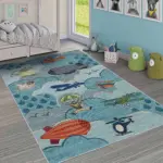 Nicoya Bulut Desenli Mavi Polyester ve Pamuklu Kaydırmaz Tabanlı Yıkanabilir Dijital Baskı Çocuk Odası Halısı - Görsel 2