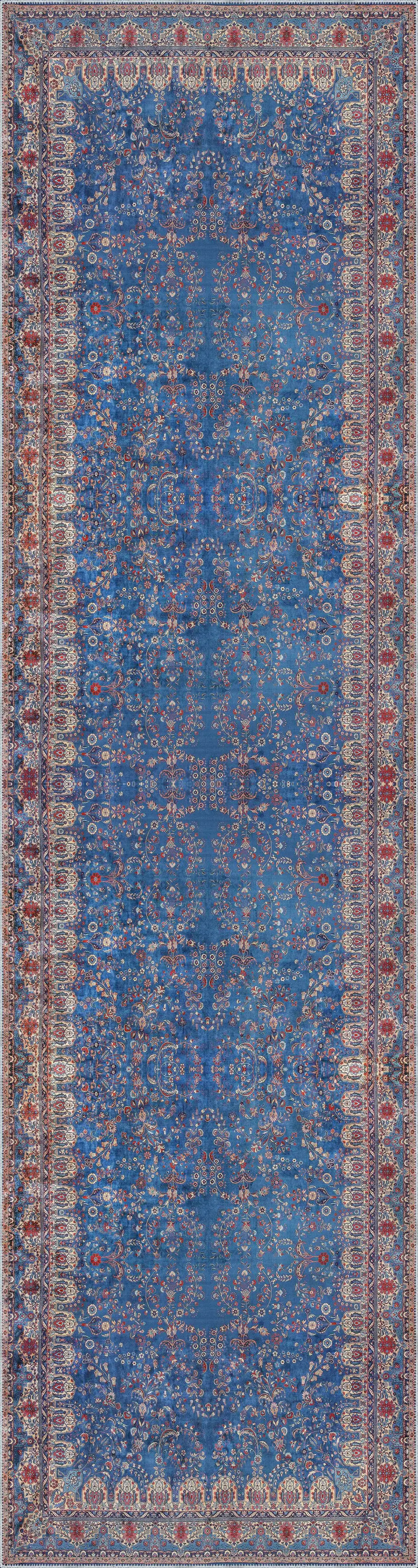 Beilen Çerçeveli Mavi Polyester ve Pamuklu Kaydırmaz Tabanlı Yıkanabilir Dijital Baskı Halısı - Görsel 4