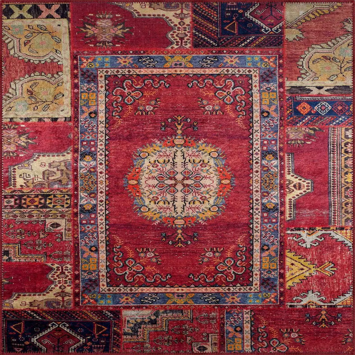 Hyen Çerçeveli Kırmızı Polyester ve Pamuklı Kaydırmaz Taban Yıkanabilir Dijital Daskı Halısı - Görsel 3