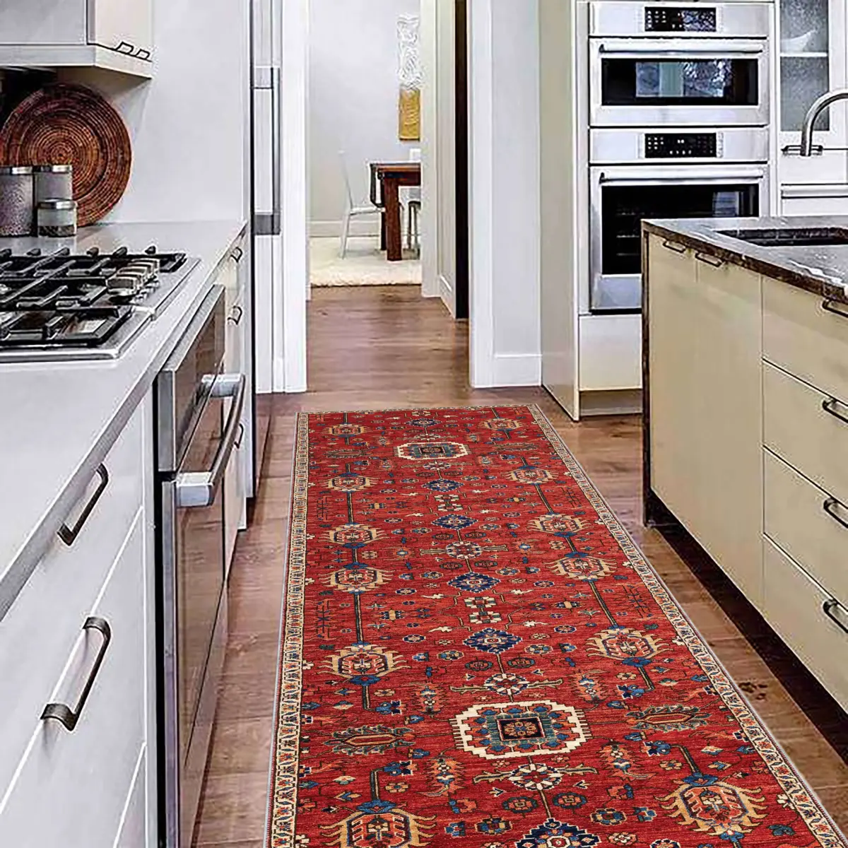 Lashio Klasik Göbekli Kırmızı Polyester ve Pamuklu Kaydırmaz Tabanlı Yıkanabilir Dijital Baskı Halısı - Görsel 5