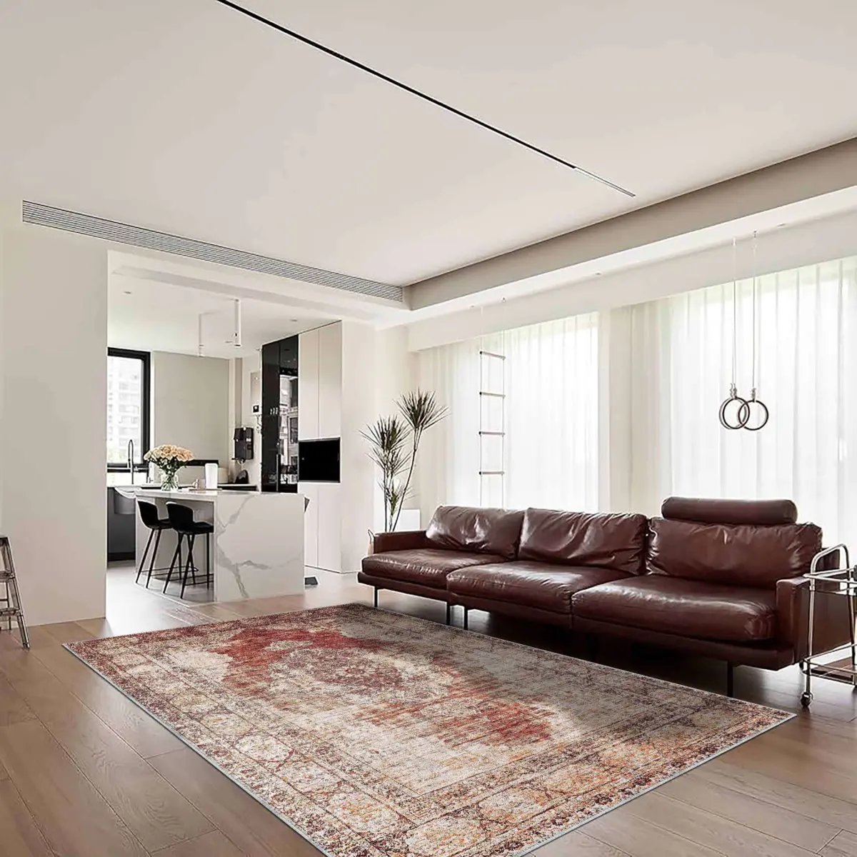 Loten Klasik Göbekli Kahverengi Polyester ve Pamuklu Kaydımaz Taban Yıkanabilir Dijital Baskı Halısı - Görsel 2