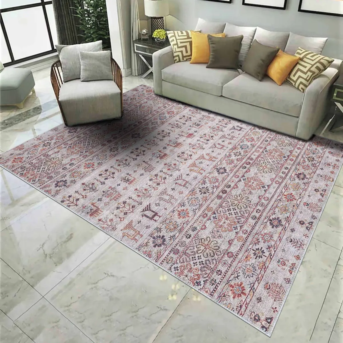 Perico Modern Etnik Gri Polyester ve Pamuklu Kaydırmaz Tabanlı Yıkanabilir Dijital Baskı Halısı - Görsel 2