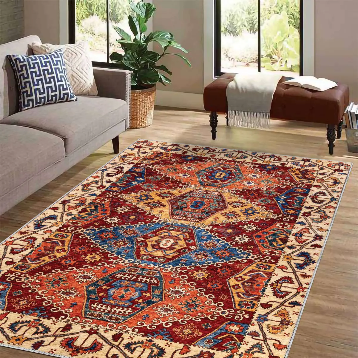 Mengla Klasik Göbekli Multi Polyester ve Pamuklu Kaydırmaz Tabanlı Yıkanabilir Dijital Baskı Halısı - Görsel 2