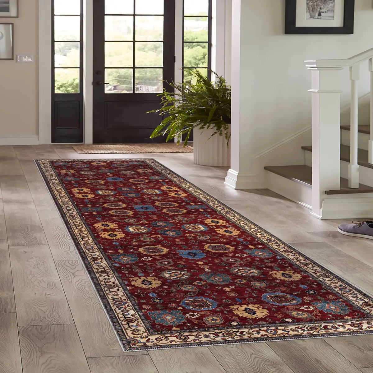 Adachi Çerçeveli Kırmızı Polyester ve Pamuklu Kaydırmaz Tabanlı Yıkanabilir Dijital Baskı Halısı - Görsel 5