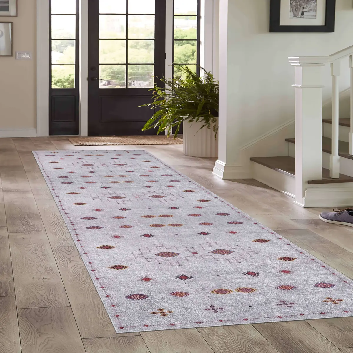 Banao Modern Etnik Gri Polyester ve Pamuklu Kaydırmaz Tabanlı Yıkanabilit Dijital Baskı Halısı - Görsel 5