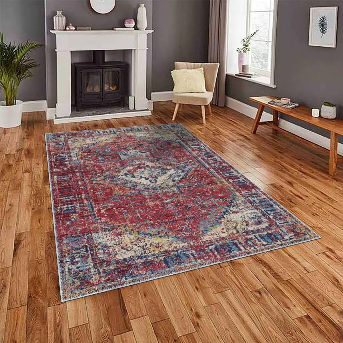 Vinstra Klasik Göbekli Multi Polyester ve Pamuklu Kaydırmaz Taban Yıkanabilir Dijital Baskı Halısı - Görsel 2