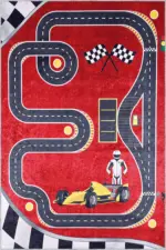 Toroo Yarış Pisti Desenli Kırmızı Polyester ve Pamuklu Kaydırmaz Tabanlı Yıkanabilir Dijital Baskı Çocuk Odası Halısı