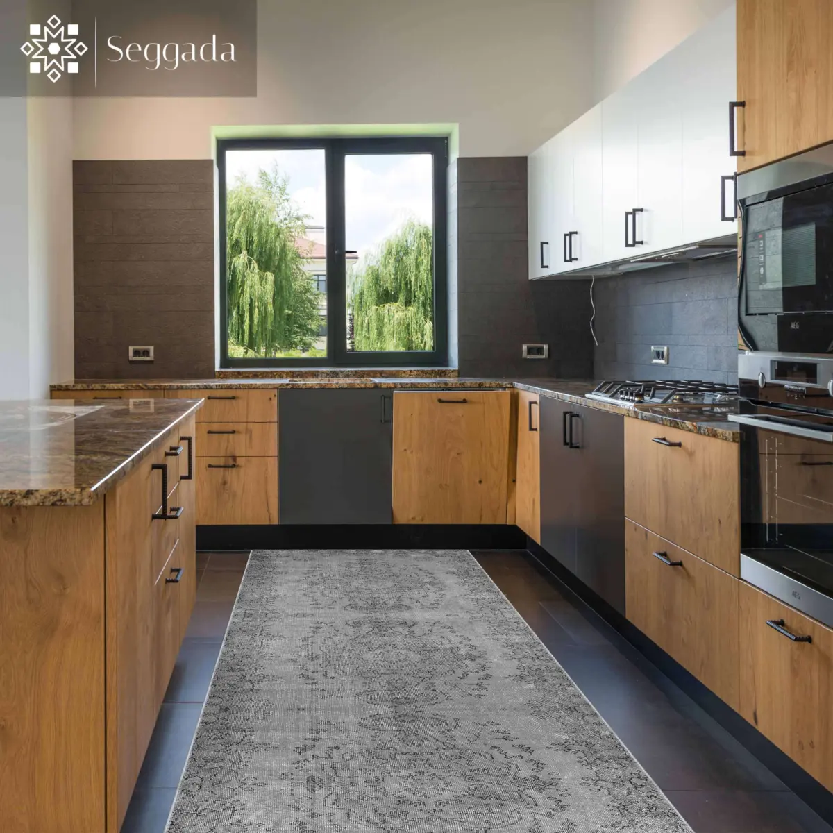 Bago Klasik Göbekli Gri Polyester ve Pamuklu Kaydırmaz Tabanlı Yıkanabilir Dijital Baskı Halısı - Görsel 5