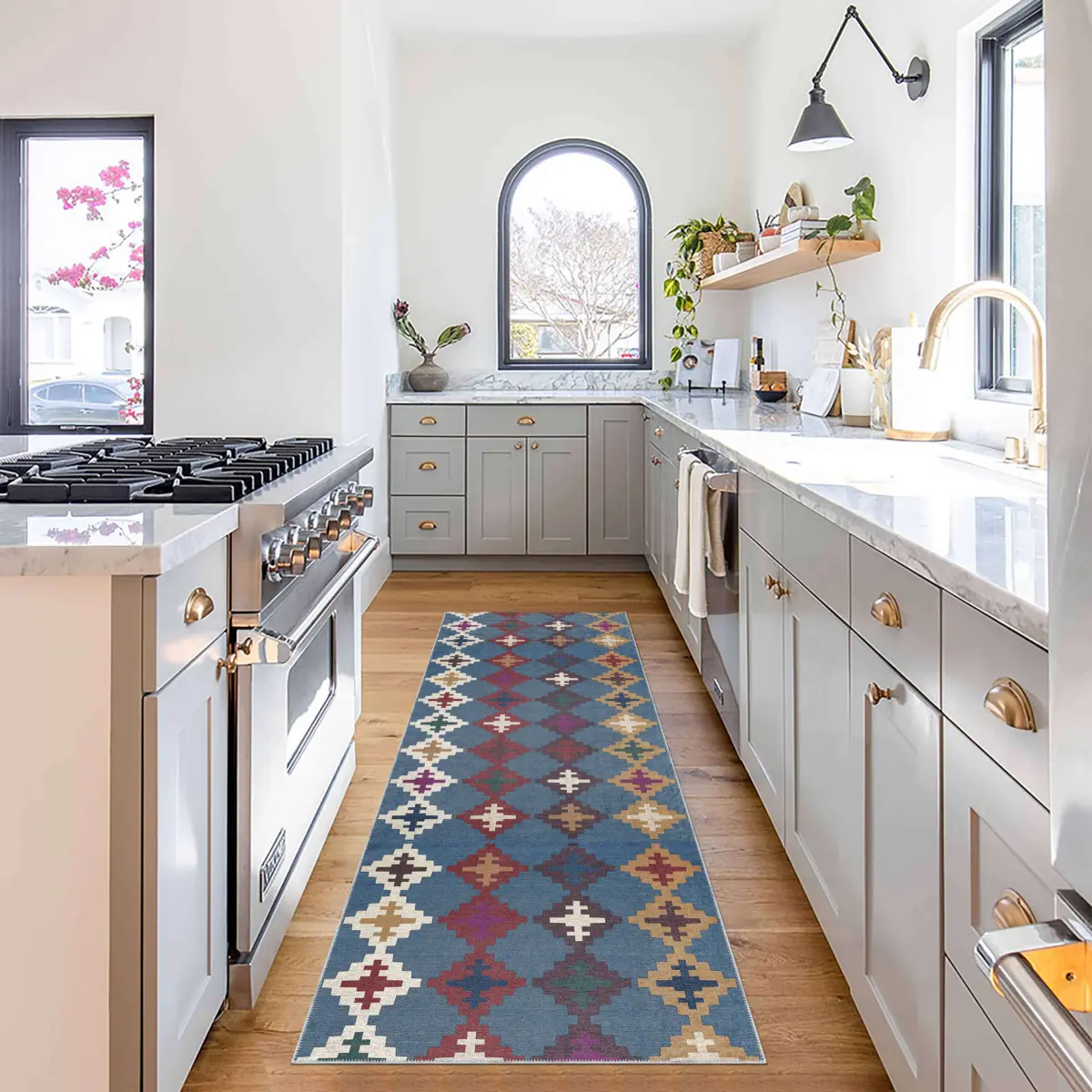 Luzia Geometrik Mavi Polyester ve Pamuklu Kaydırmaz Tabanlı Yıkanabilir Dijital Baskı Halısı - Görsel 5