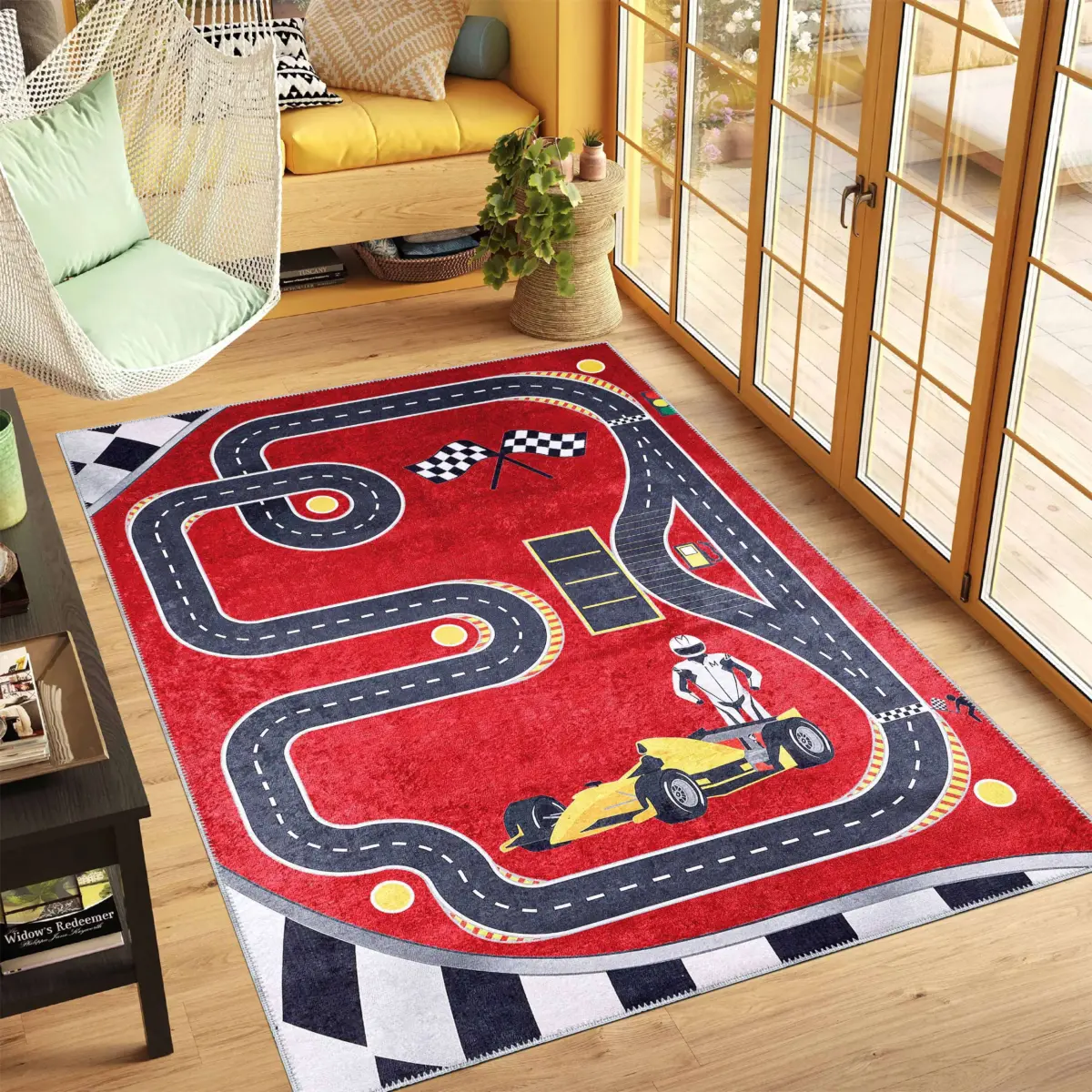 Toroo Yarış Pisti Desenli Kırmızı Polyester ve Pamuklu Kaydırmaz Tabanlı Yıkanabilir Dijital Baskı Çocuk Odası Halısı - Görsel 2