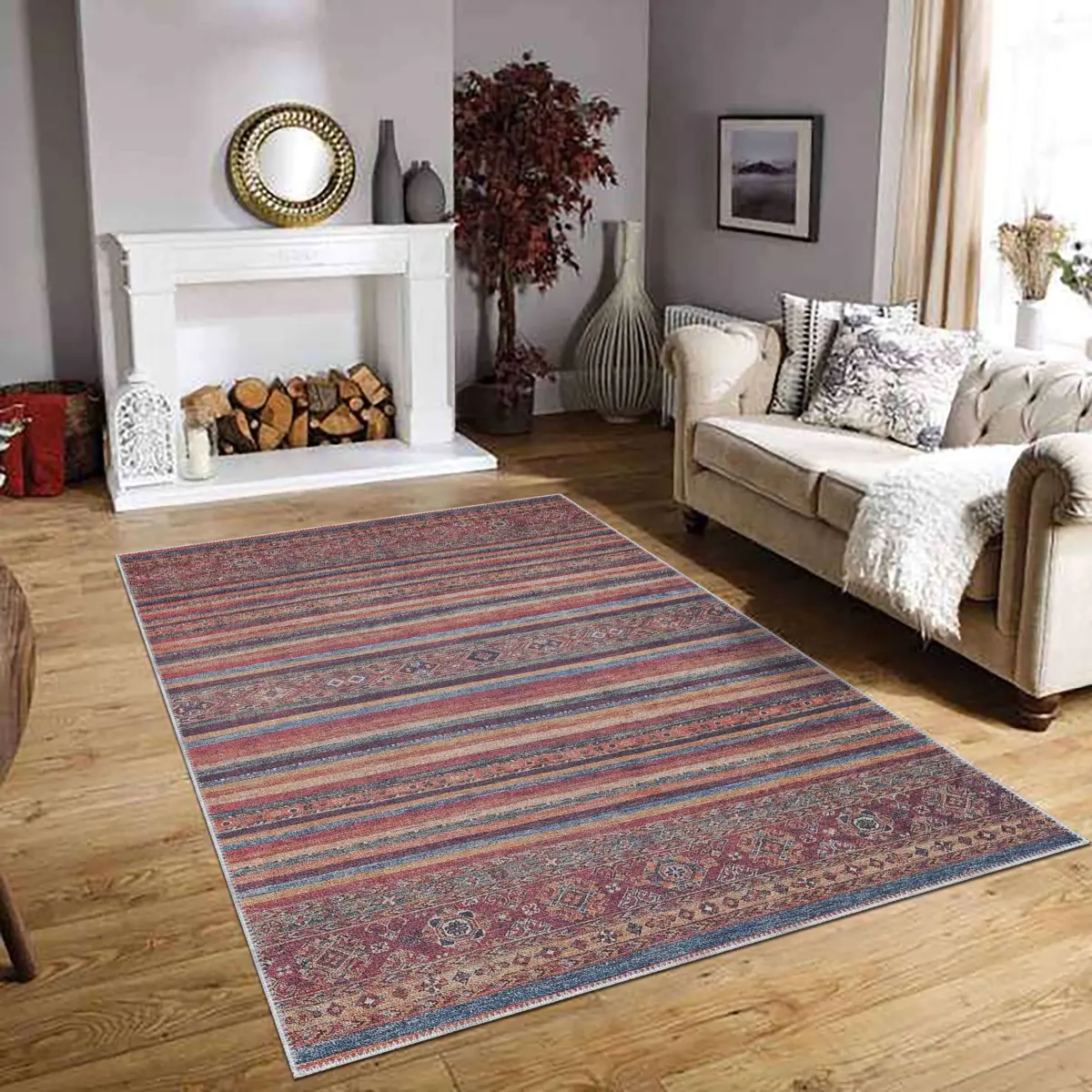 Sierpe Çizgili Etnik Multi Polyester ve Pamuklu Kaydırmaz Tabanlı Yıkanabilir Dijital Baskı Halısı - Görsel 2