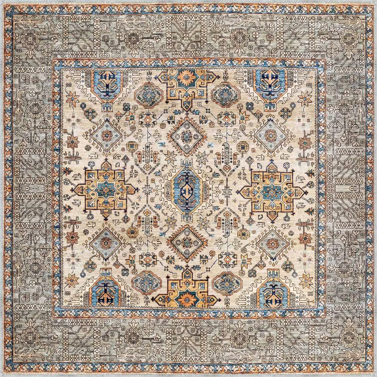 Datong Klasik Göbekli BeJ Polyester ve Pamuklu Kaydırmaz Tabanlı Yıkanabilir Dijital Baskı Halısı - Görsel 2