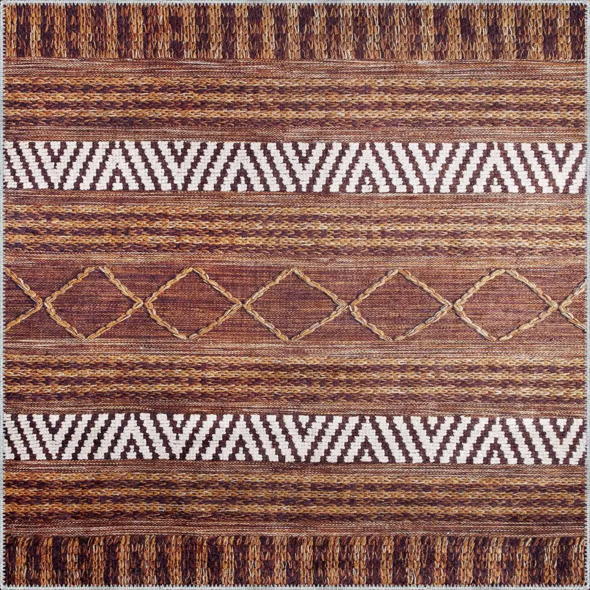 Gojra Geometrik Kahverengi Polyester ve Pamuklu Kaydırmaz Tabanlı Yıkanabilir Dijital Baskı Halısı - Görsel 3