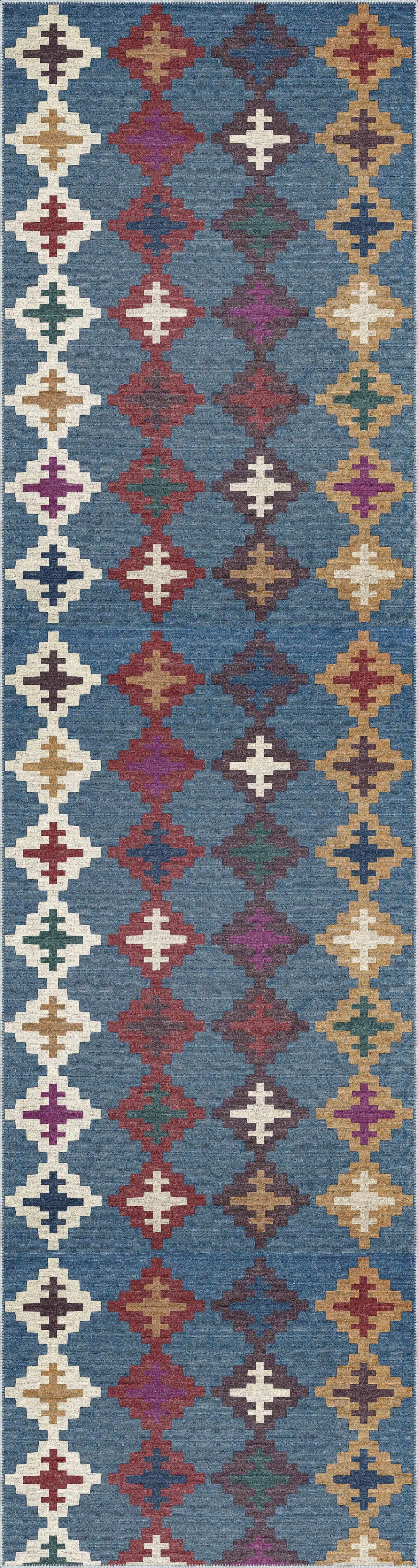 Luzia Geometrik Mavi Polyester ve Pamuklu Kaydırmaz Tabanlı Yıkanabilir Dijital Baskı Halısı - Görsel 4