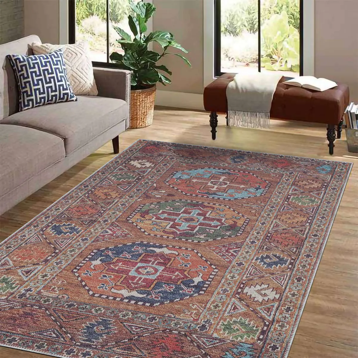 Falla Klasik Göbekli Etnik Kahverengi Polyester ve Pamuklu Kaydırmaz Tabanlı Yıkanabilir Dijital Baskı Halısı - Görsel 2