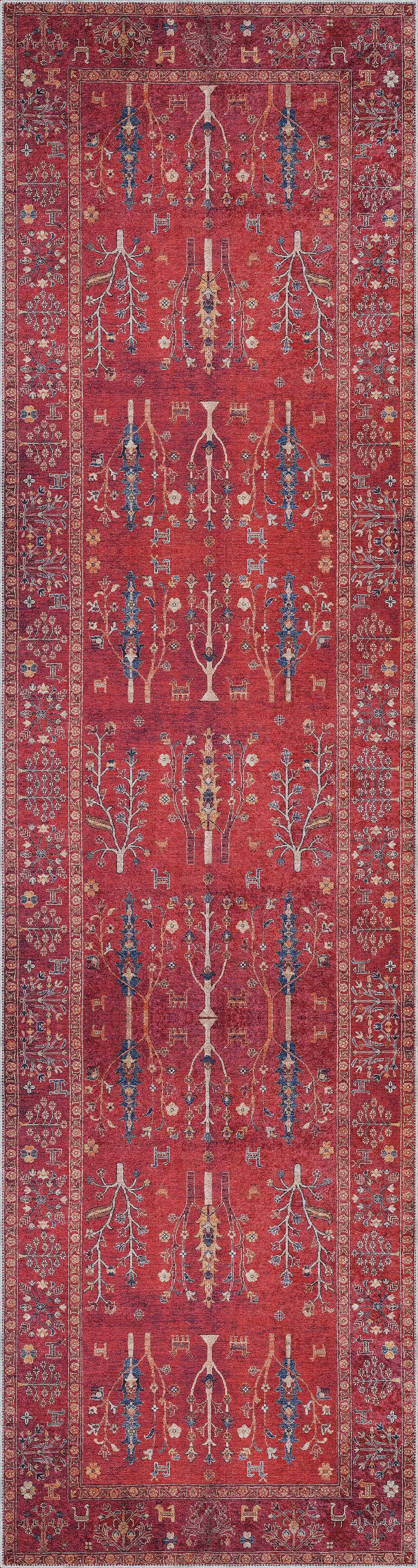 Bisira Çerçeveli Etnik Kırmızı Polyester ve Pamuklu Kaydırmaz Tabanlı Yıkanabilir Dijital Baskı Halısı - Görsel 4