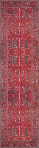 Bisira Çerçeveli Etnik Kırmızı Polyester ve Pamuklu Kaydırmaz Tabanlı Yıkanabilir Dijital Baskı Halısı - Görsel 4