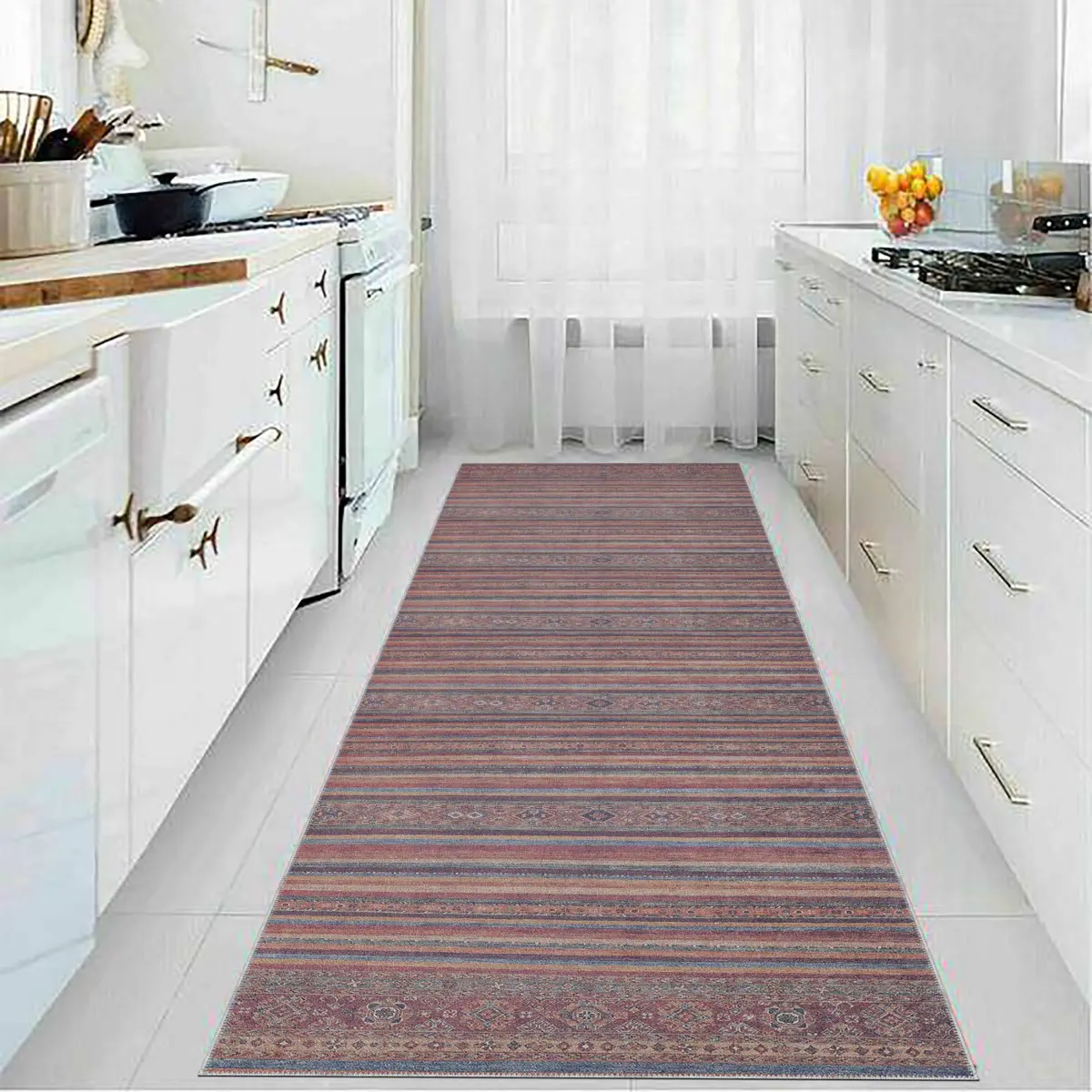 Sierpe Çizgili Etnik Multi Polyester ve Pamuklu Kaydırmaz Tabanlı Yıkanabilir Dijital Baskı Halısı - Görsel 5