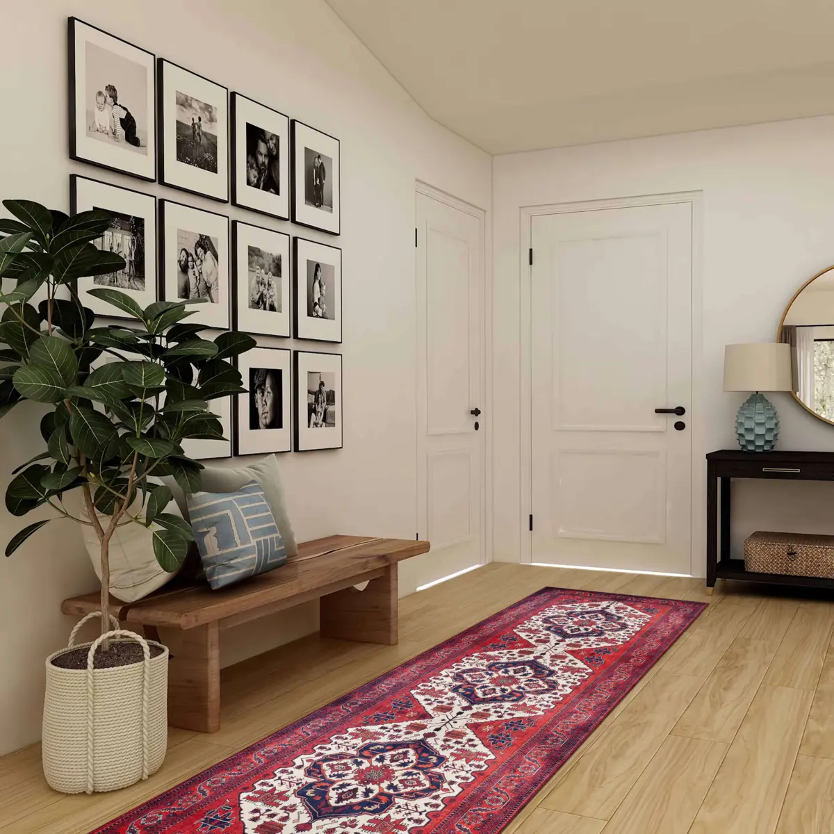 Rylte Klasik Göbekli Kırmızı Polyester ve Pamuklu Kaydırmaz Tabanlı Yıkanabilir Dijital Baskı Halısı - Görsel 5