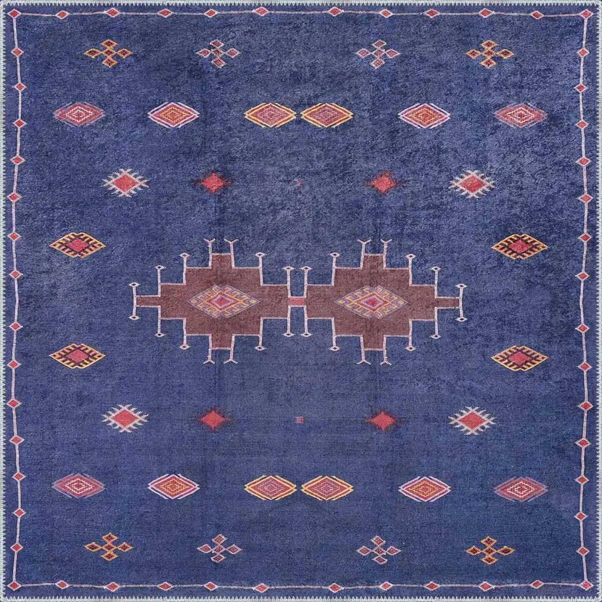 Avila Modern Etnik Lacivert Polyester ve Pamuklu Kaydırmaz Tabanlı Yıkanabilir Dijital Baskı Halısı - Görsel 3