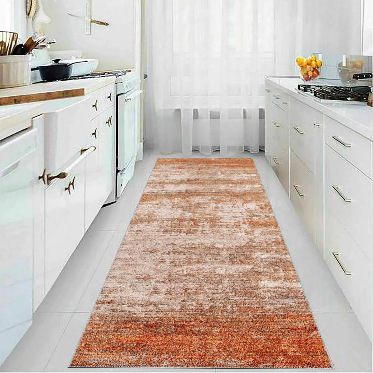 Katni Modern Turuncu Polyester ve Pamuklu Kaydırmaz Tabanlı Yıkanabilir Dijital Baskı Halısı - Görsel 5