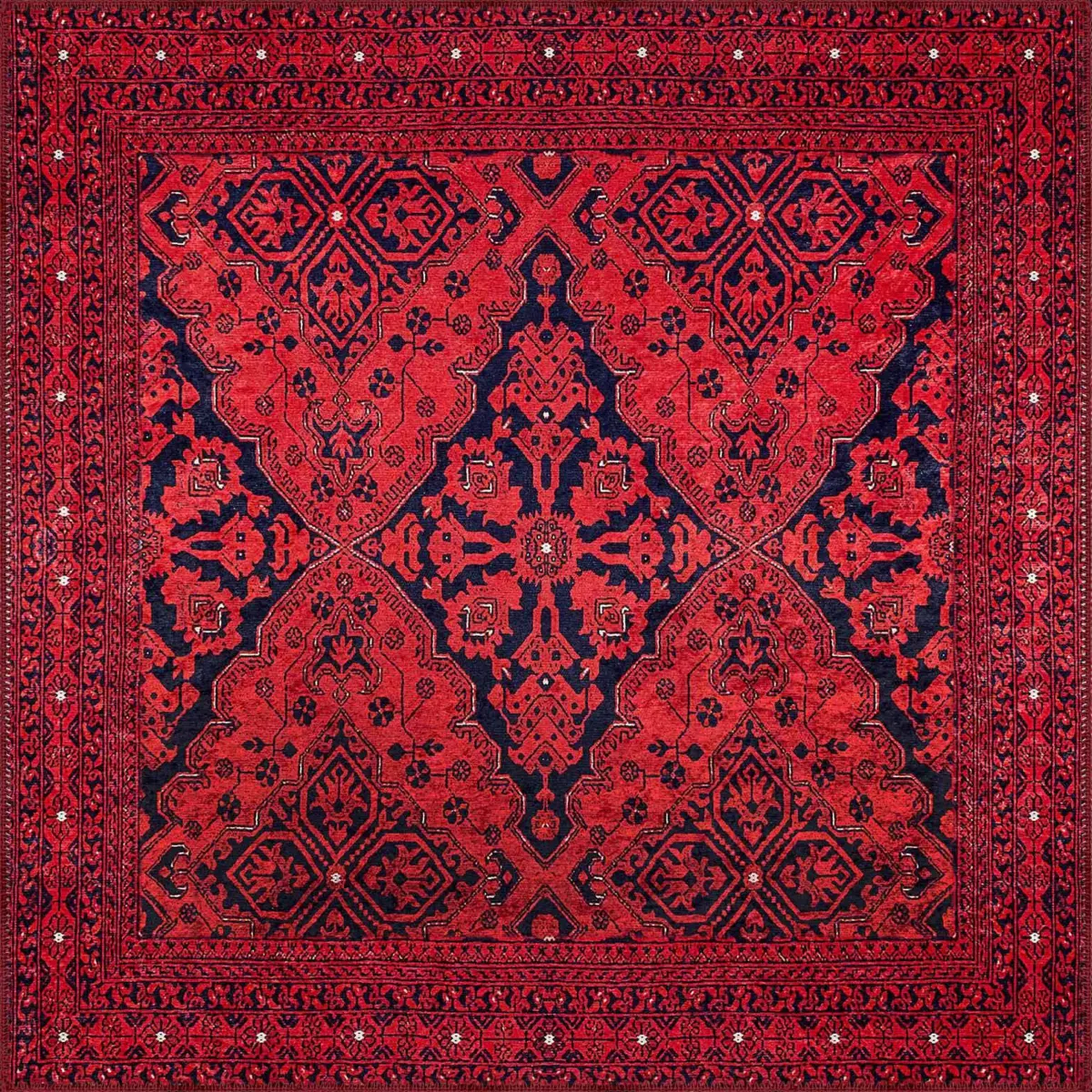 Harlov Klasik Göbekli Kırmızı Polyester ve Pamuklu Kaydırmaz Taban Yıkanabilir Dijital Baskı Halısı - Görsel 3