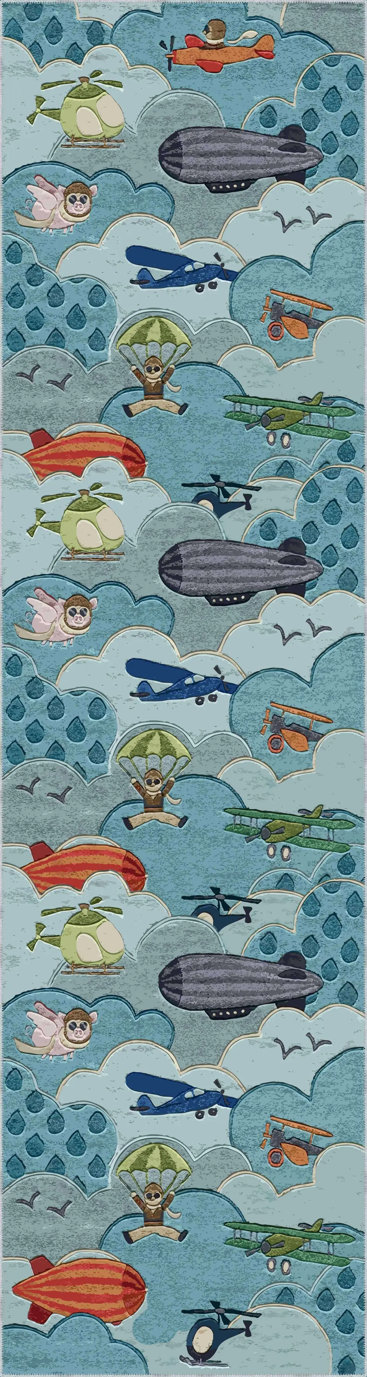 Nicoya Bulut Desenli Mavi Polyester ve Pamuklu Kaydırmaz Tabanlı Yıkanabilir Dijital Baskı Çocuk Odası Halısı - Görsel 4