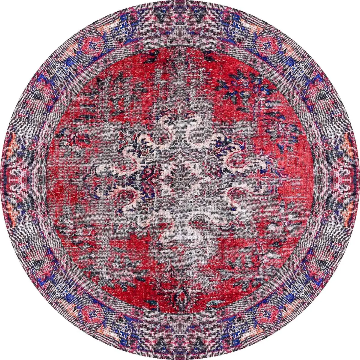 Falun Klasik Göbekli Kırmızı Polyester ve Pamuklu Kaydırmaz Taban Yıkanabilir Dijital Baskı Halısı - Görsel 7