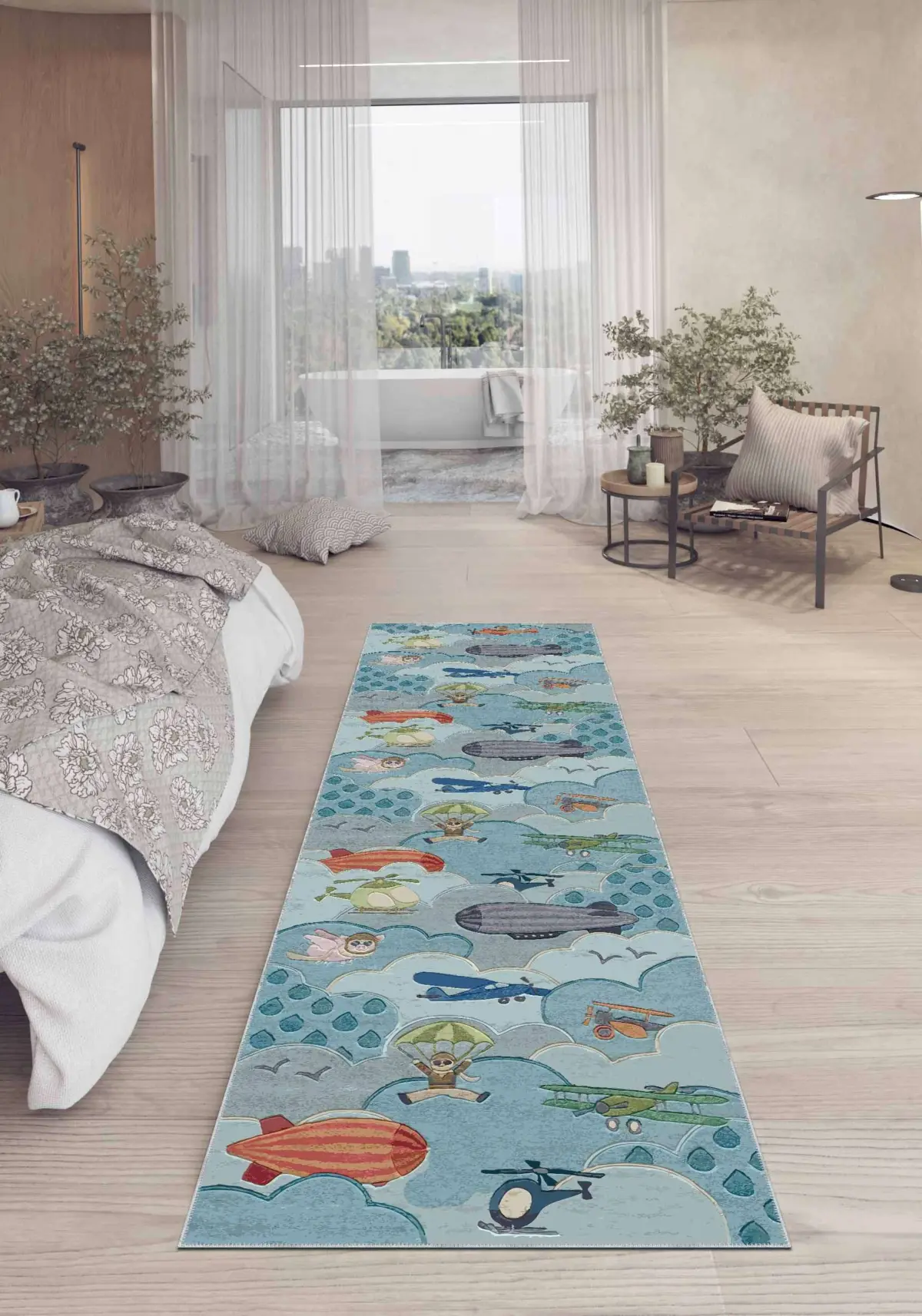 Nicoya Bulut Desenli Mavi Polyester ve Pamuklu Kaydırmaz Tabanlı Yıkanabilir Dijital Baskı Çocuk Odası Halısı - Görsel 5