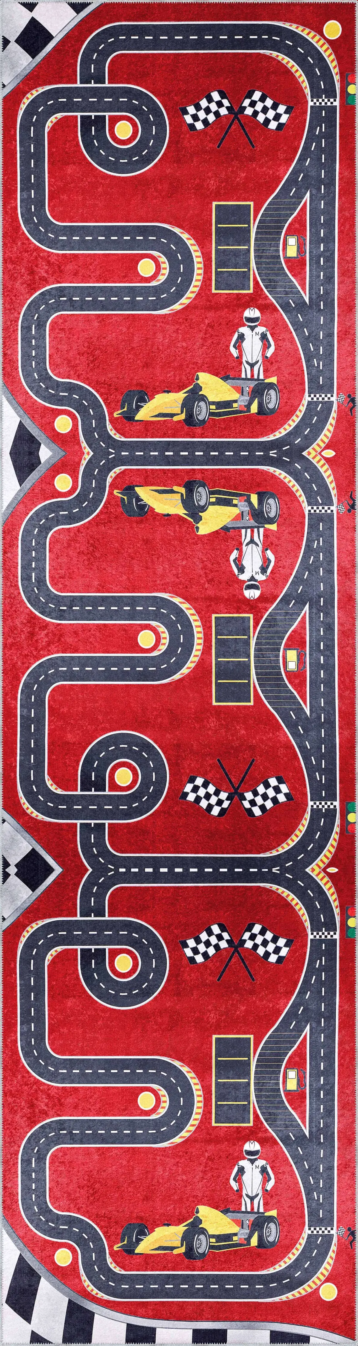 Toroo Yarış Pisti Desenli Kırmızı Polyester ve Pamuklu Kaydırmaz Tabanlı Yıkanabilir Dijital Baskı Çocuk Odası Halısı - Görsel 4