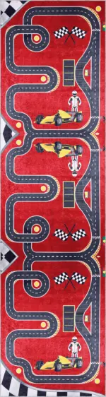 Toroo Yarış Pisti Desenli Kırmızı Polyester ve Pamuklu Kaydırmaz Tabanlı Yıkanabilir Dijital Baskı Çocuk Odası Halısı - Görsel 4