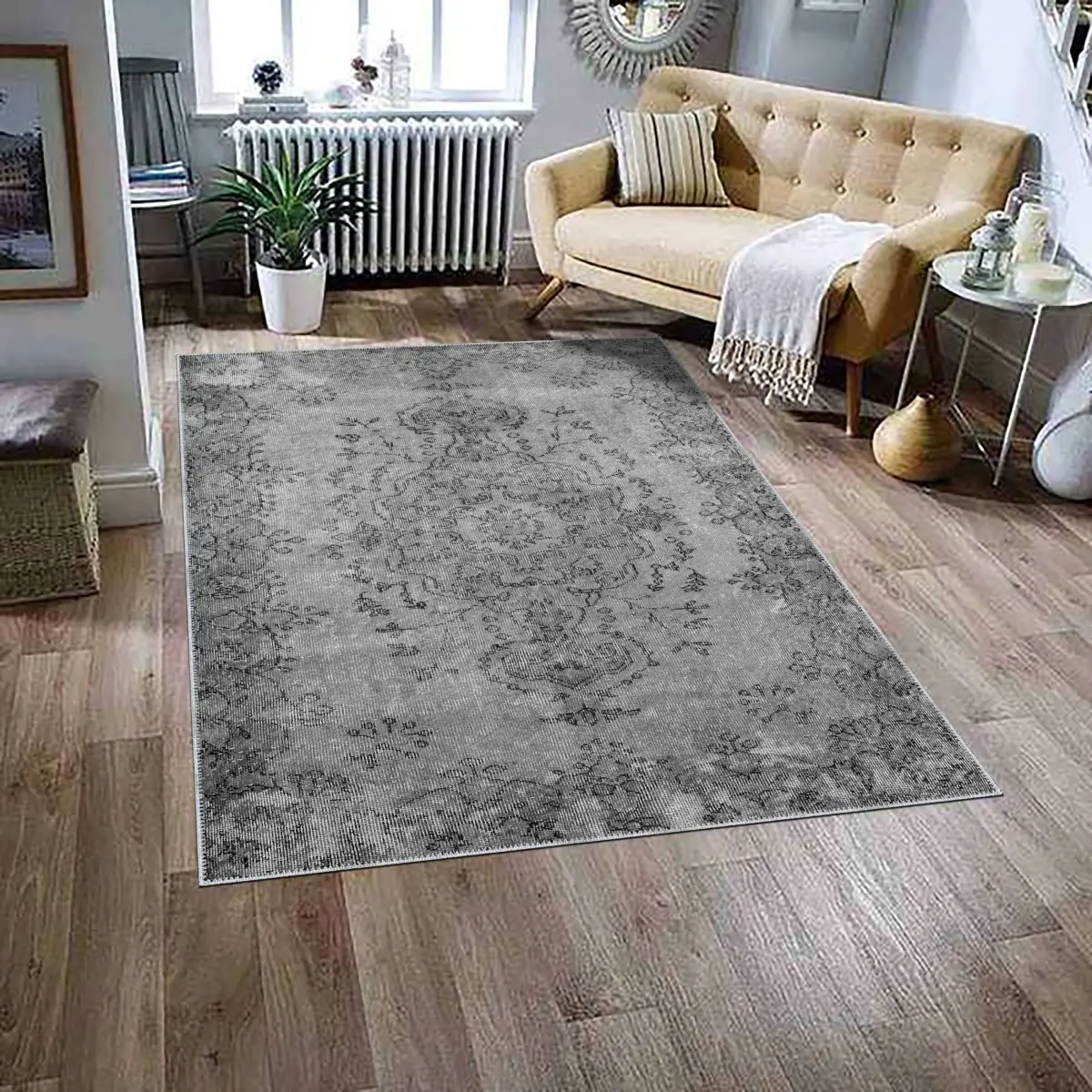 Bago Klasik Göbekli Gri Polyester ve Pamuklu Kaydırmaz Tabanlı Yıkanabilir Dijital Baskı Halısı - Görsel 2