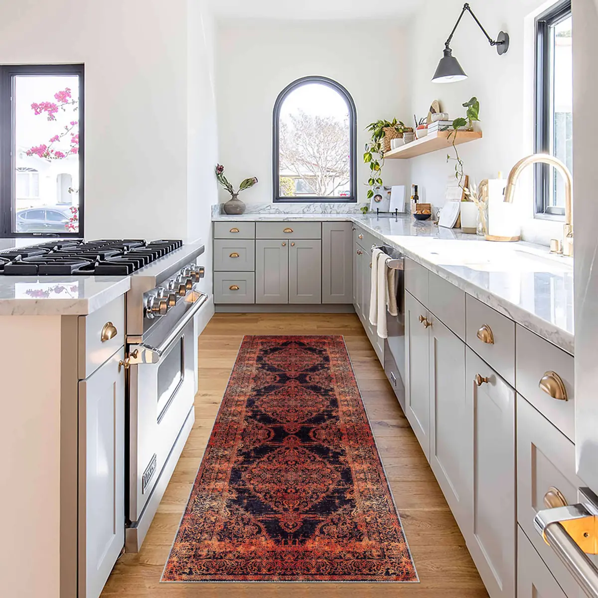 Horda Klasik Göbekli Turuncu Siyah  Polyester ve Pamuklu Kaydırmaz Tabanlı Yıkanabilir Dijital Baskı Halısı - Görsel 5