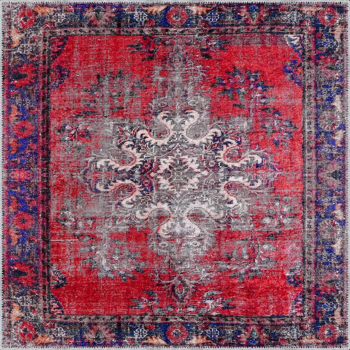 Falun Klasik Göbekli Kırmızı Polyester ve Pamuklu Kaydırmaz Taban Yıkanabilir Dijital Baskı Halısı - Görsel 3