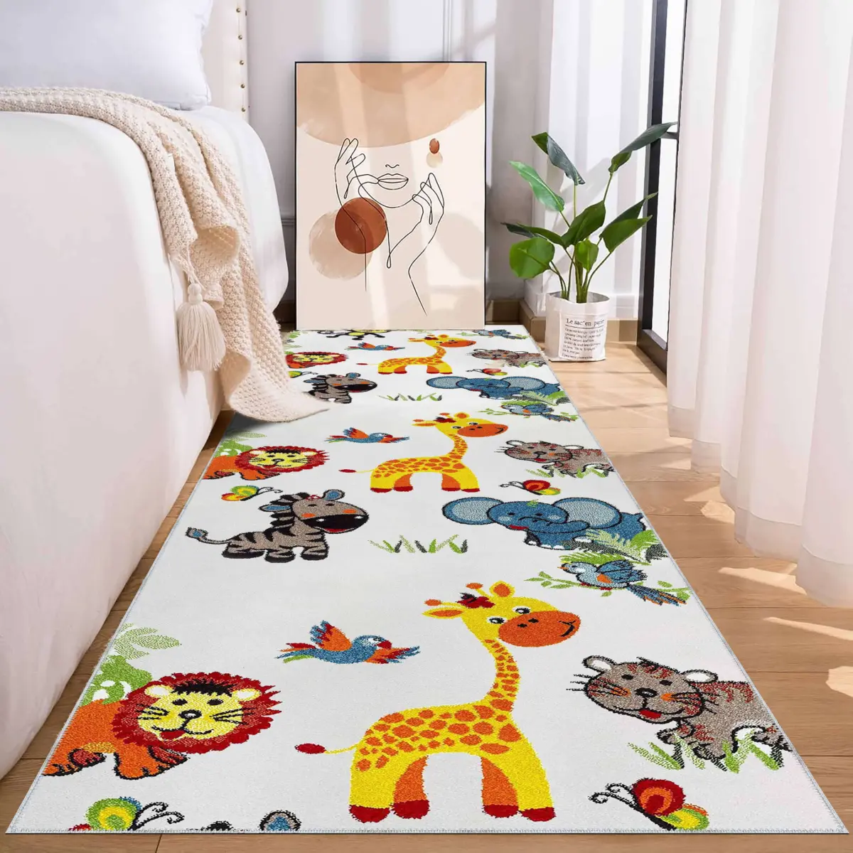 Abajo Sevimli Dostlar Desenli Beyaz Polyester ve Pamuklu Kaydırmaz Tabanlı Yıkanabilir Dijital Baskı Çcok Odası Halısı - Görsel 5