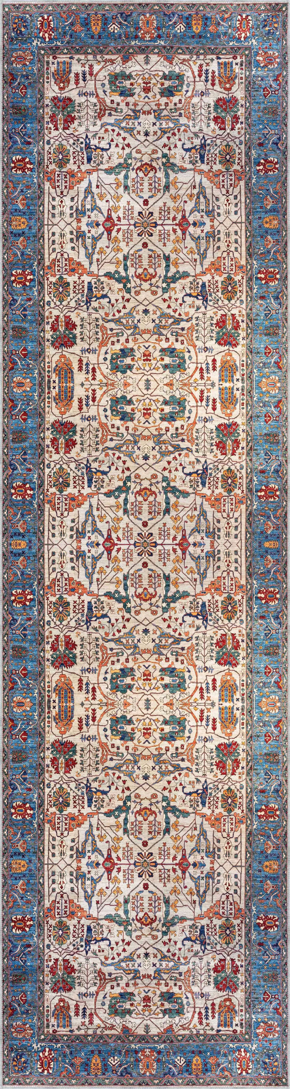 Jimo Çerçeveli Mavi Polyester ve Pamuklu Kaydırmaz Tabanlı Yıkanabilir Dijital Baskı Halısı - Görsel 4