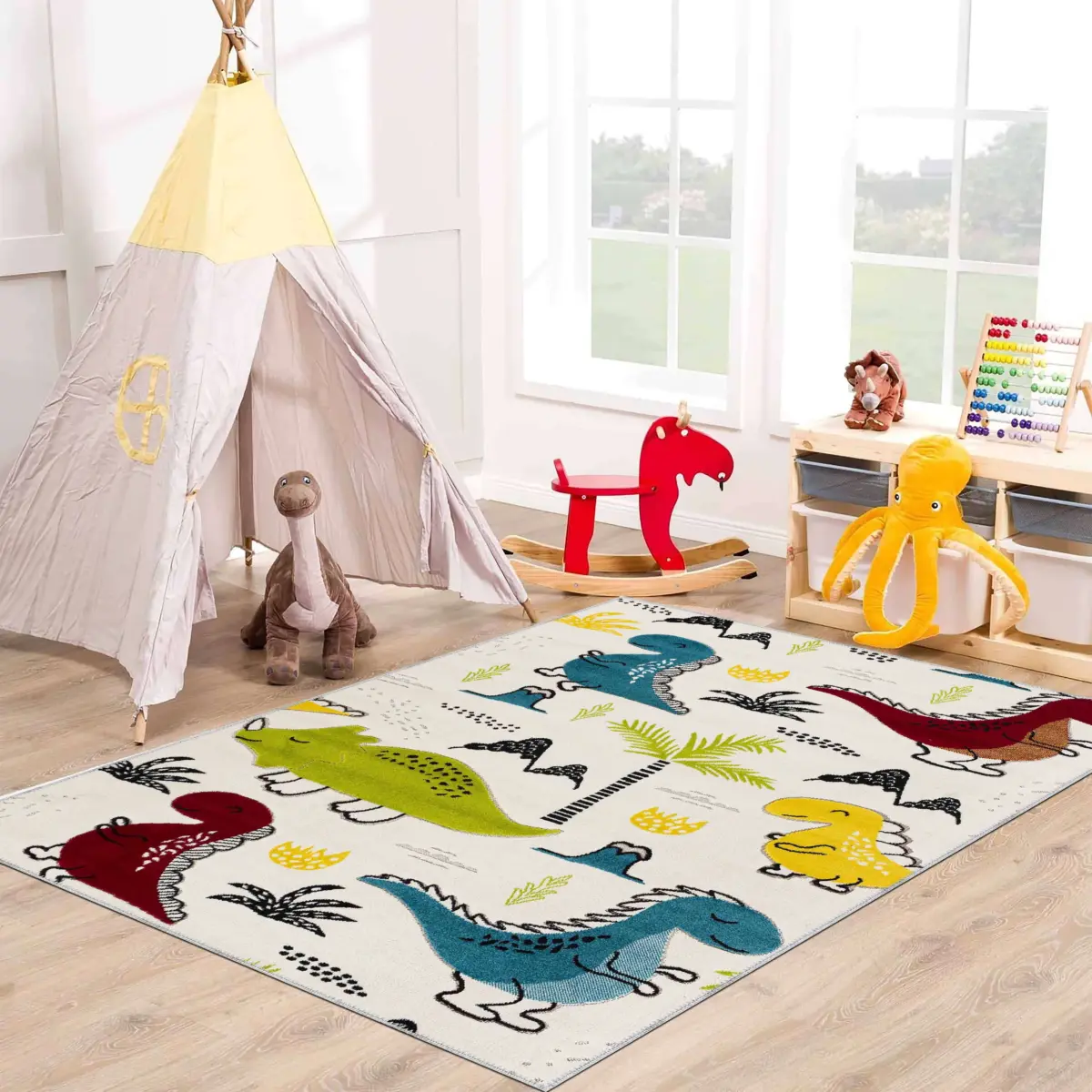 Ramon Dinazor Desenli Beyaz Polyester ve Pamuklu Kaydırmaz Tabanlı Yıkanabilir Dijital Baskı Çocuk Odası Halısı - Görsel 2