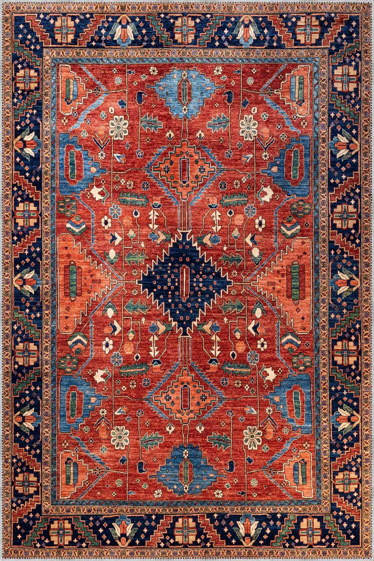 WO5fYH Ubon Çerçeveli Kırmızı Polyester ve Pamuklu Kaydırmaz Tabanlı Yıkanabilir Dijital Baskı Halısı - Görsel 1