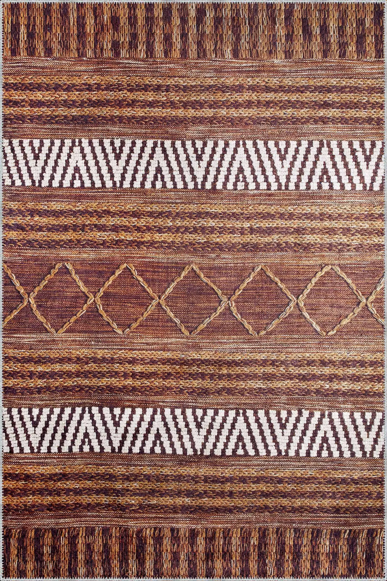 WYDNFF Gojra Geometrik Kahverengi Polyester ve Pamuklu Kaydırmaz Tabanlı Yıkanabilir Dijital Baskı Halısı - Görsel 1