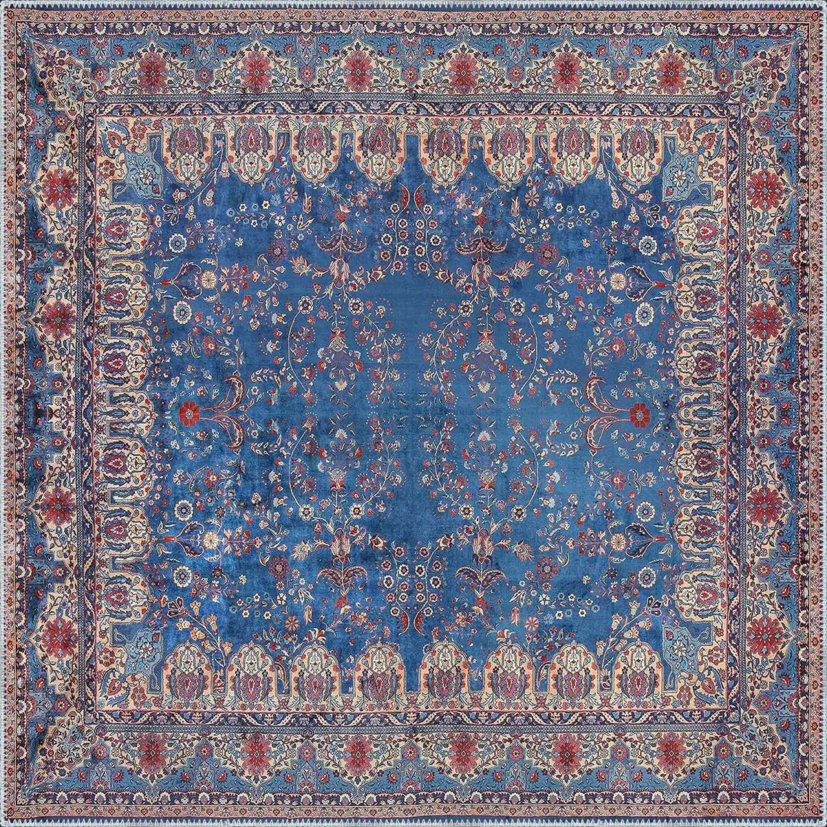 Beilen Çerçeveli Mavi Polyester ve Pamuklu Kaydırmaz Tabanlı Yıkanabilir Dijital Baskı Halısı - Görsel 3