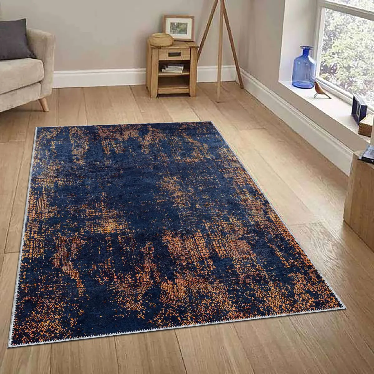 Nateran Modern Lacivert Polyester ve Pamuklu Kaydırmaz Tabanlı Yıkanabilir  Dijital Baskı Halısı - Görsel 2